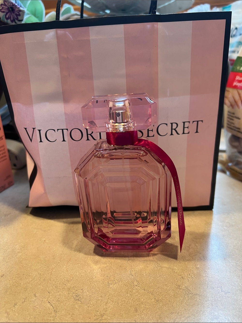 Victoria's Secret Pink Faceted Glass Perfume Bottle with Dark Pink Ribbon